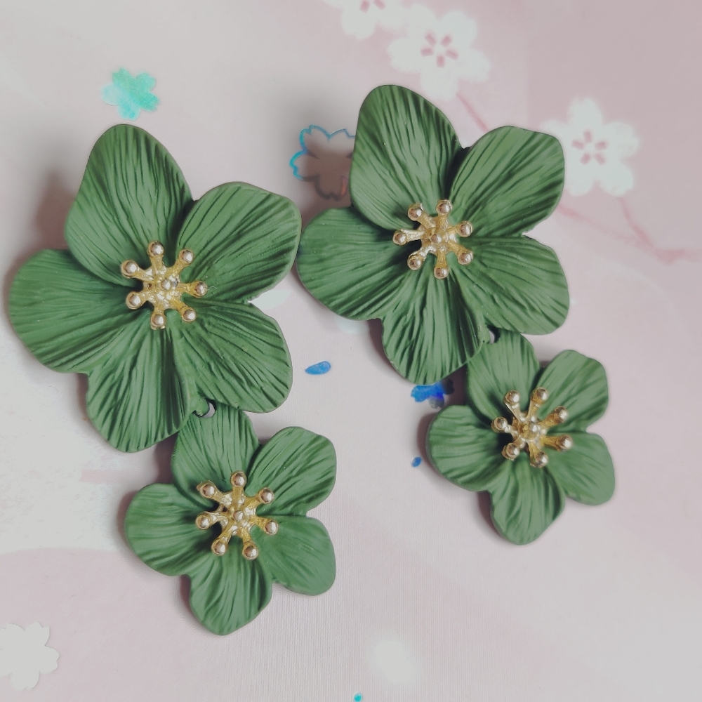 Green Flowered hanging earrings